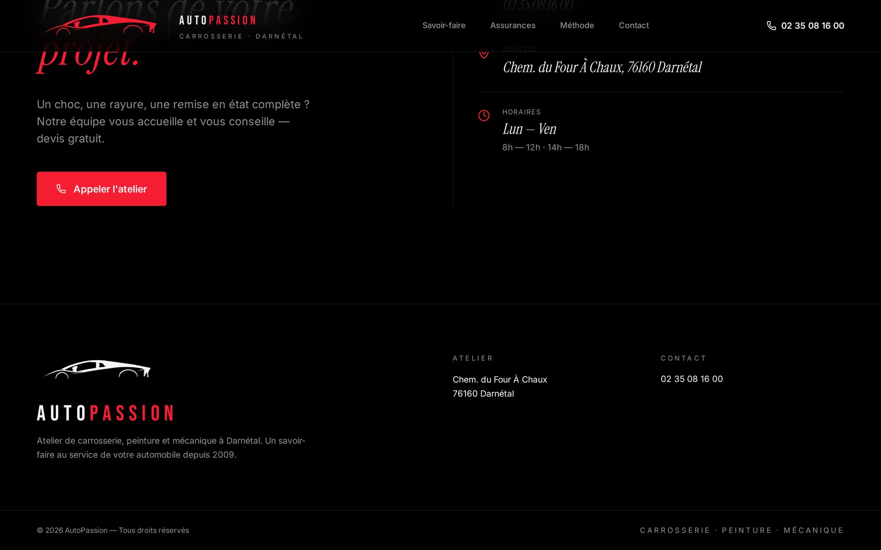 Section contact du site autopassion76.fr : adresse, horaires et appel de l'atelier